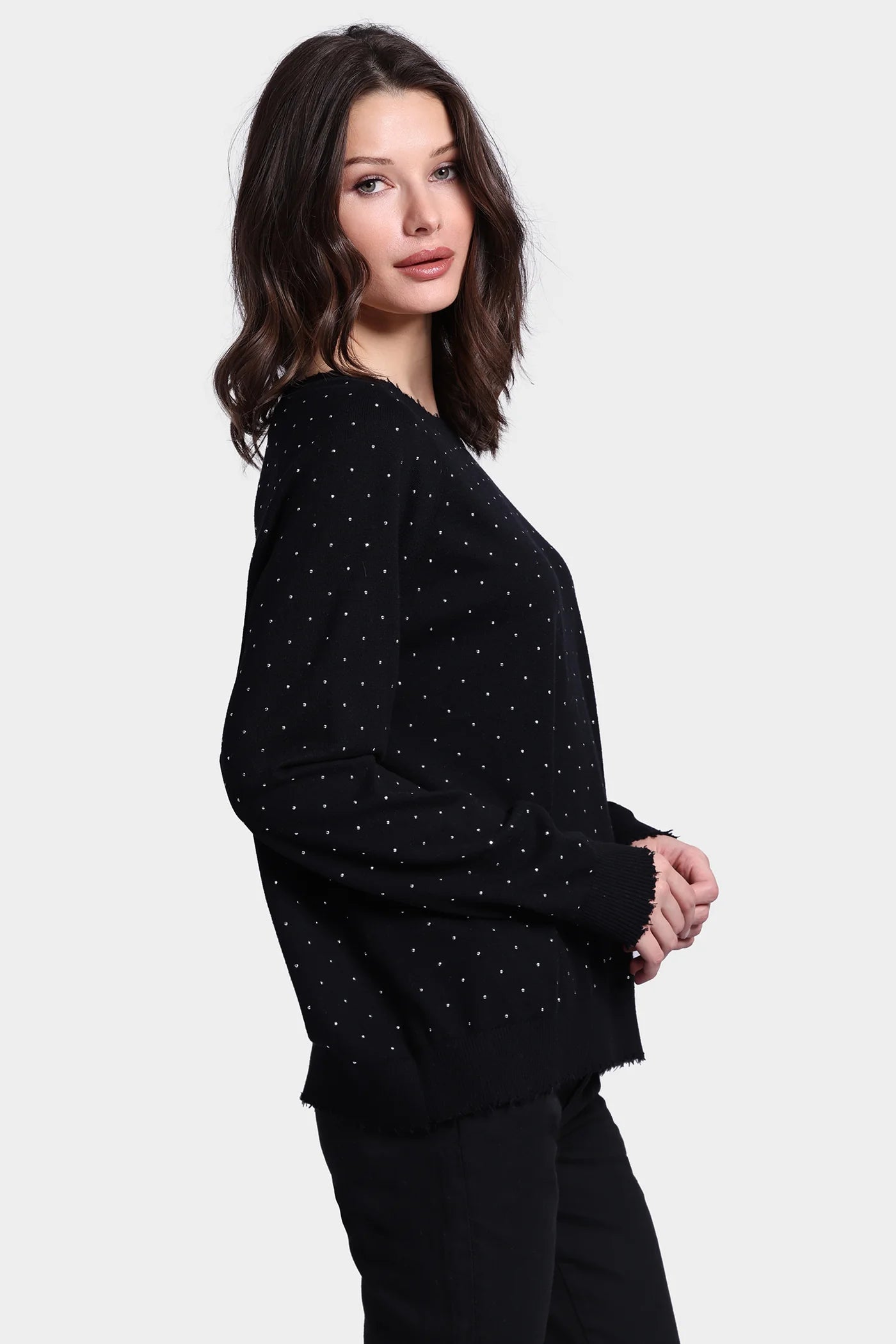 Cotton Cashmere Relaxed Frayed Edge Crew With Studs Black - Minnie Rose