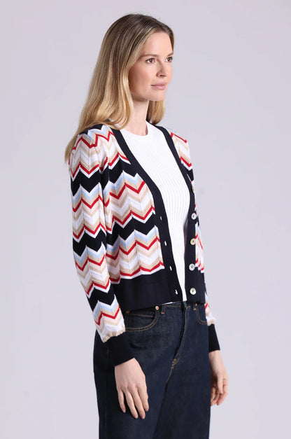 Cotton Cashmere Chevron V Neck Cardigan Navy Combo - Minnie Rose