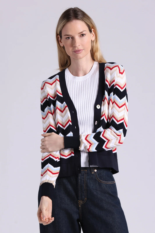 Cotton Cashmere Chevron V Neck Cardigan Navy Combo - Minnie Rose