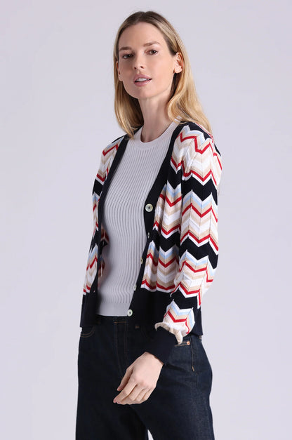 Cotton Cashmere Chevron V Neck Cardigan Navy Combo - Minnie Rose