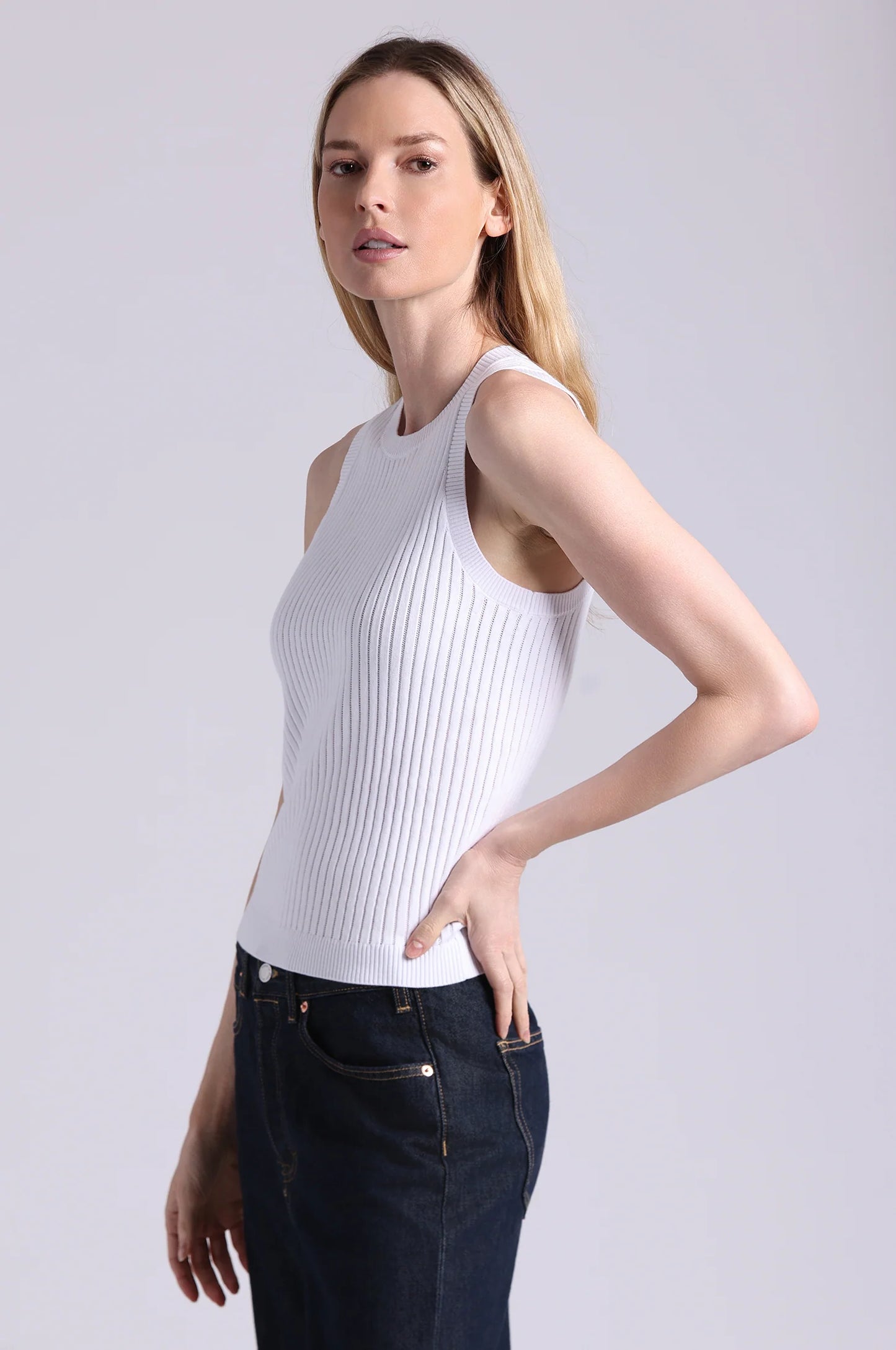 Viscose Ribbed Pointelle Tank White - Minnie Rose