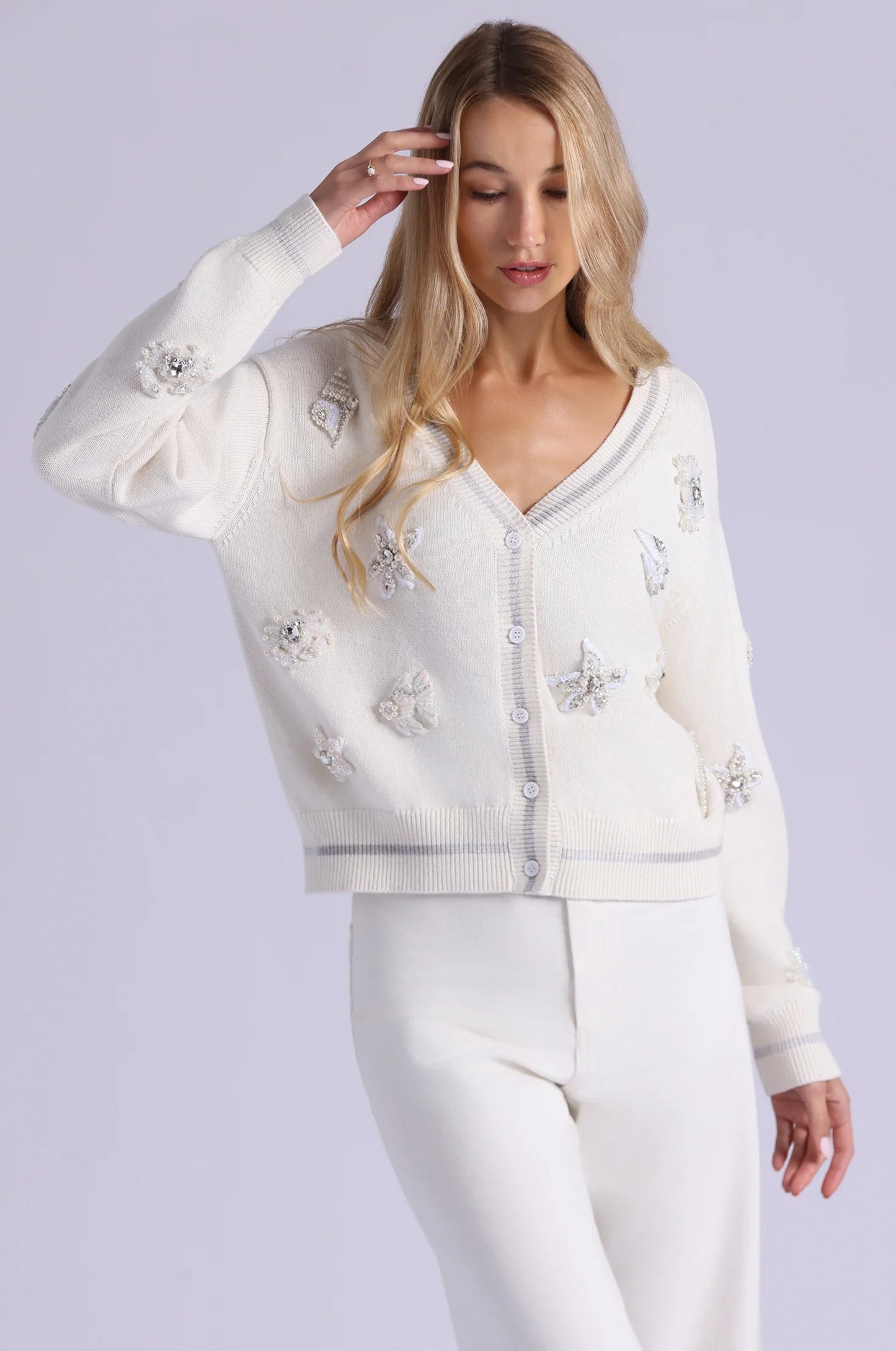 Cotton Cashmere Pearl Applique Cardigan With Sheer Tipping Starch - Minnie Rose