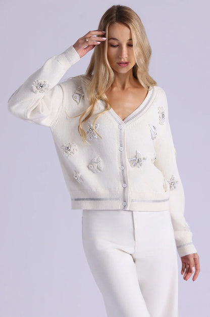 Cotton Cashmere Pearl Applique Cardigan With Sheer Tipping Starch - Minnie Rose