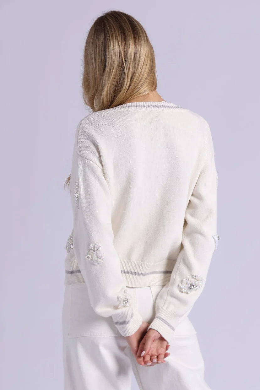 Cotton Cashmere Pearl Applique Cardigan With Sheer Tipping Starch - Minnie Rose
