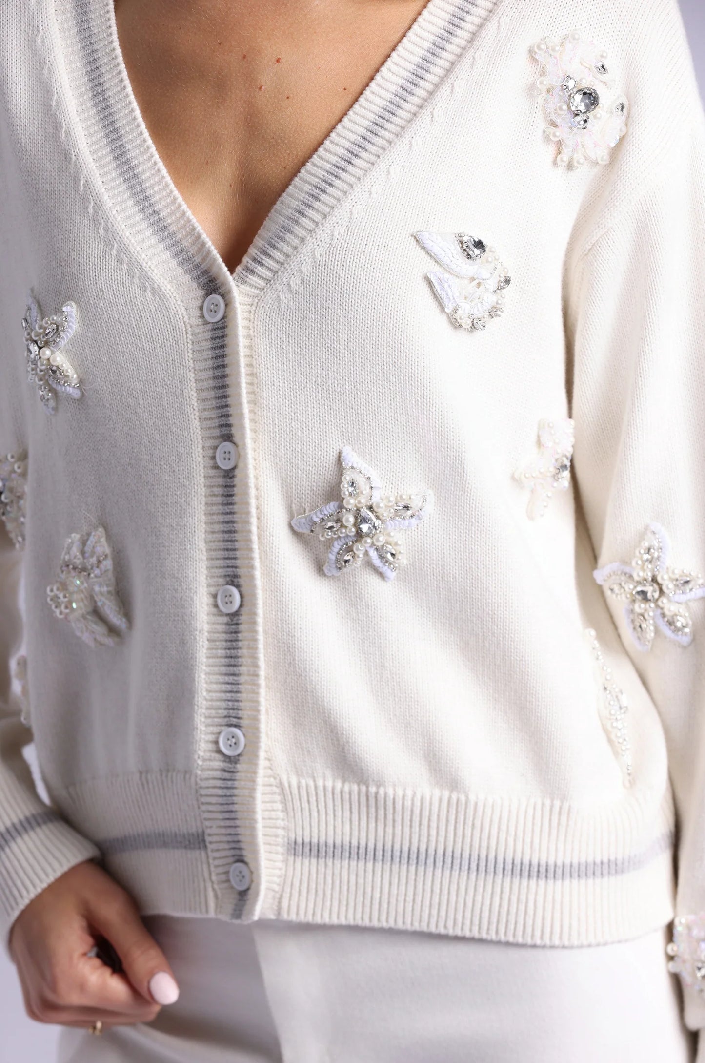 Cotton Cashmere Pearl Applique Cardigan With Sheer Tipping Starch - Minnie Rose