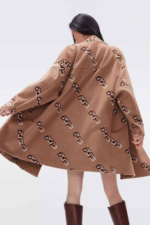 Ray Knit Jacquard Coat DVF Logo Camel - Diane Von Furstenberg