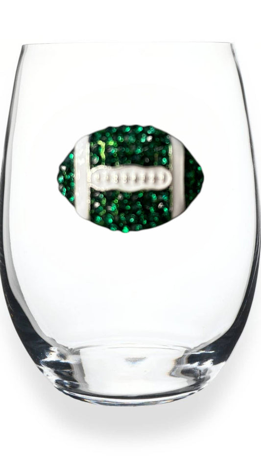 Green Football Jeweled Stemless Wine Glass - The Queens Jewels