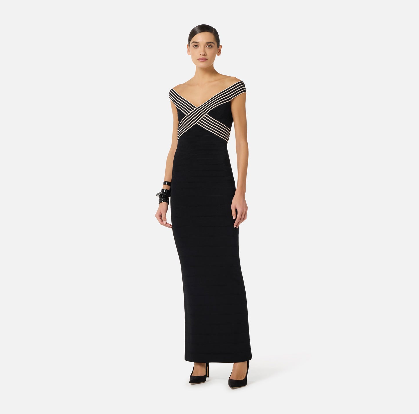 Knit Fabric Long Dress With Striped Bands Black/Butter - Elisabetta Franchi