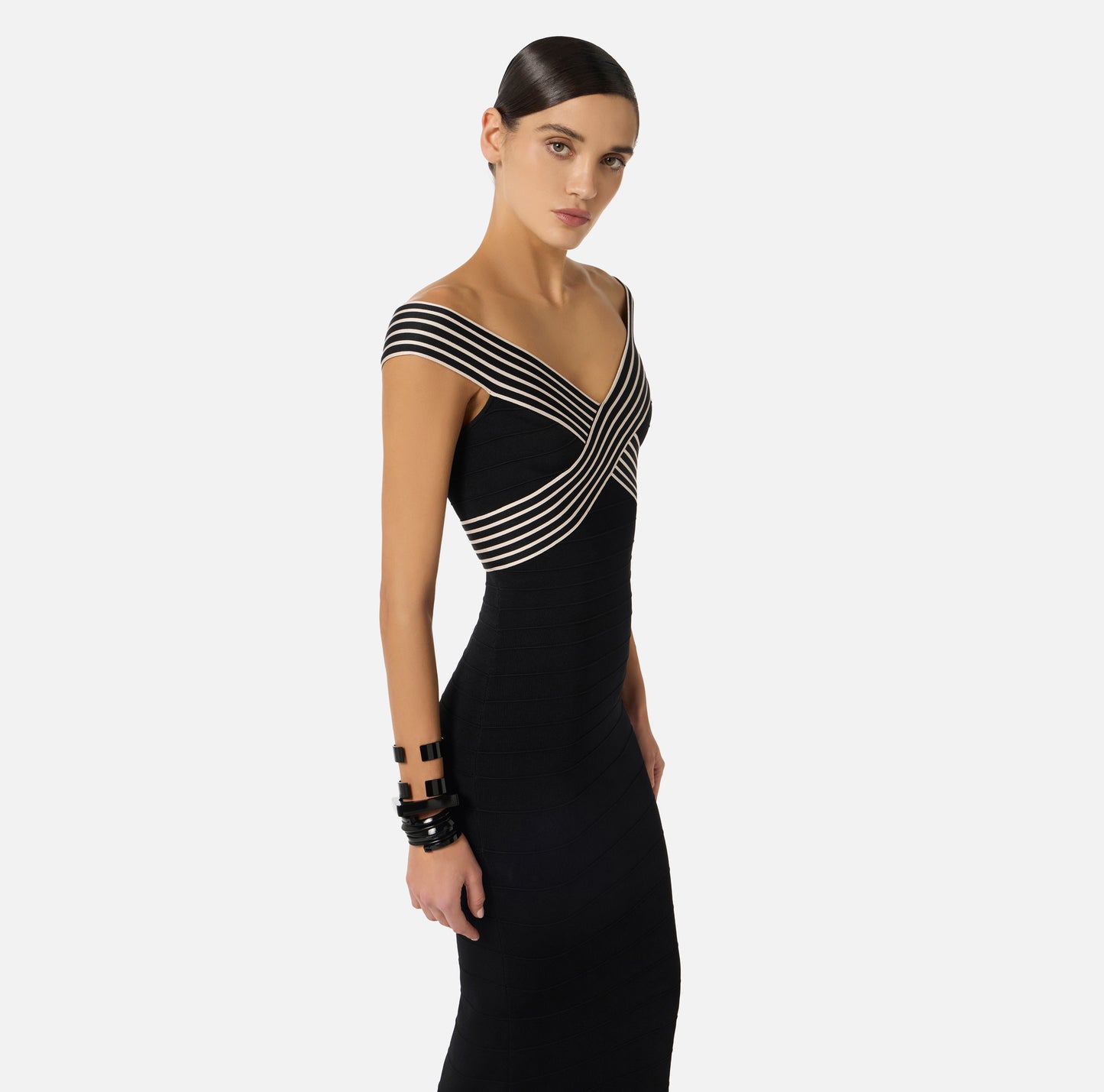 Knit Fabric Long Dress With Striped Bands Black/Butter - Elisabetta Franchi