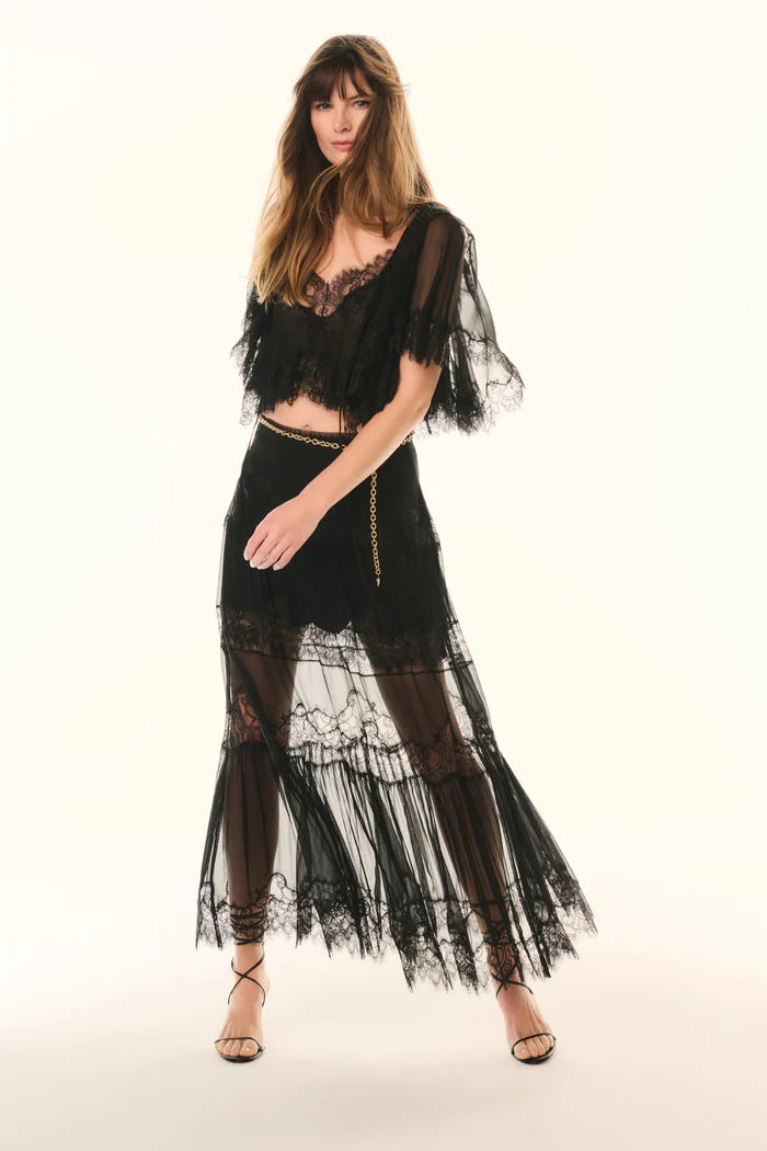Aureline Silk Lace Pleated Maxi Skirt Black - LoveShackFancy