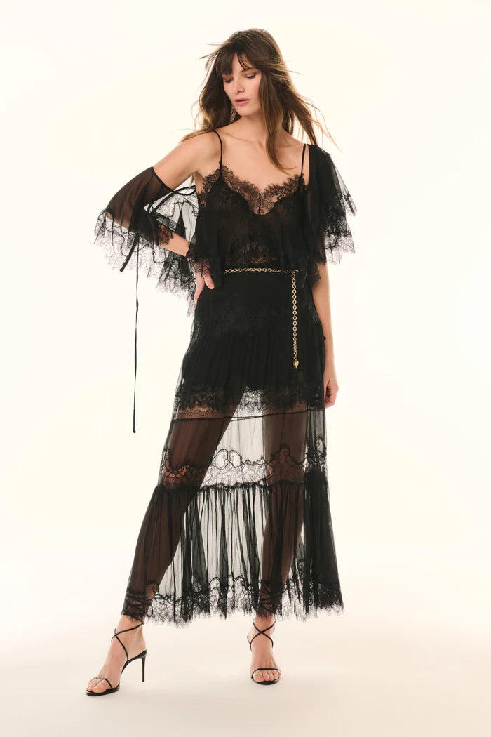 Aureline Silk Lace Pleated Maxi Skirt Black - LoveShackFancy