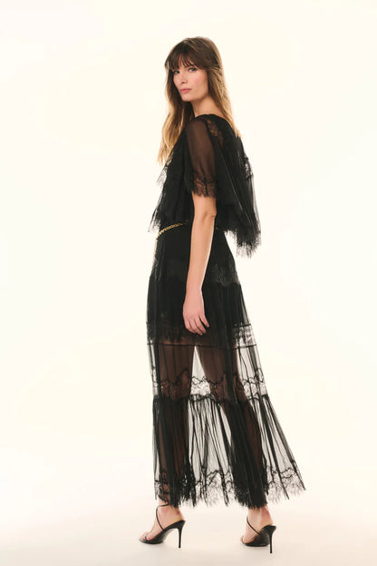 Aureline Silk Lace Pleated Maxi Skirt Black - LoveShackFancy