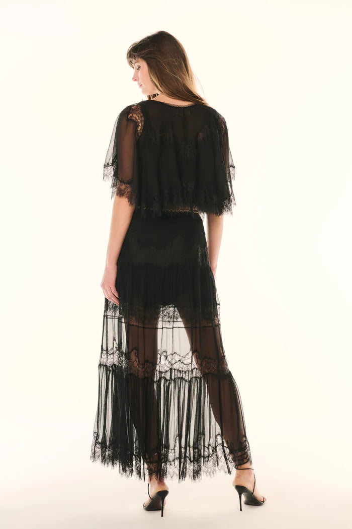 Aureline Silk Lace Pleated Maxi Skirt Black - LoveShackFancy