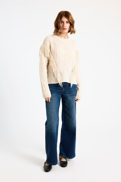 Cable Fringed Crew Neck Jumper Lace - Brodie Cashmere