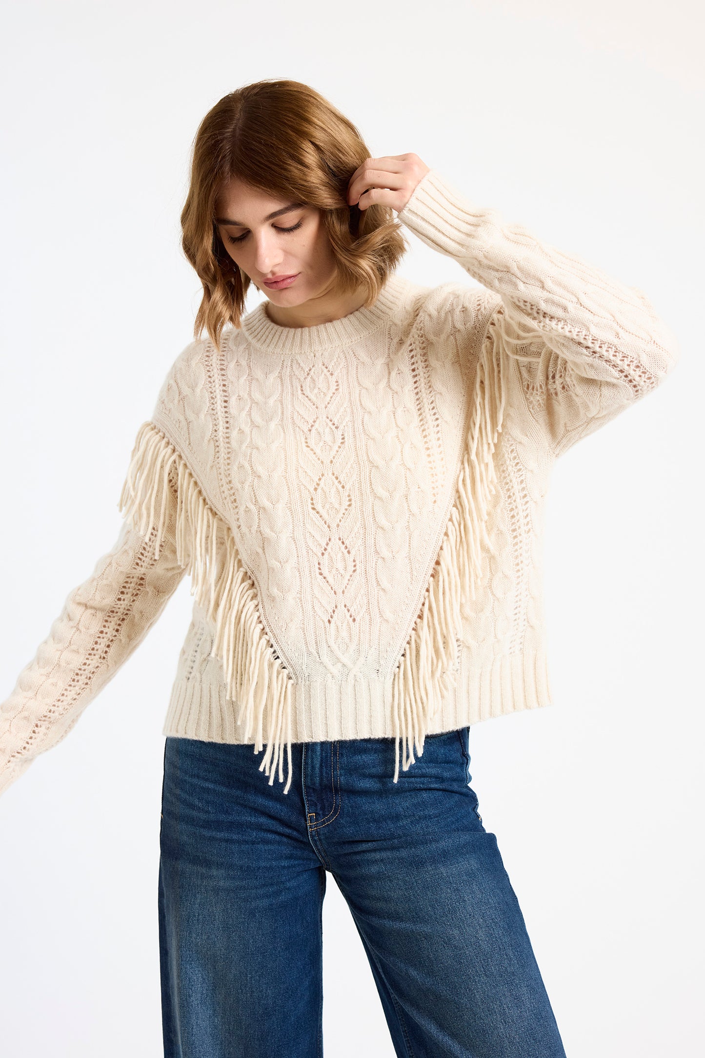 Cable Fringed Crew Neck Jumper Lace - Brodie Cashmere