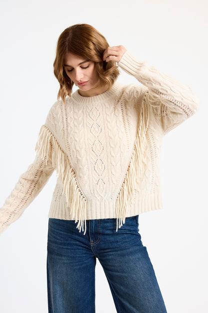Cable Fringed Crew Neck Jumper Lace - Brodie Cashmere