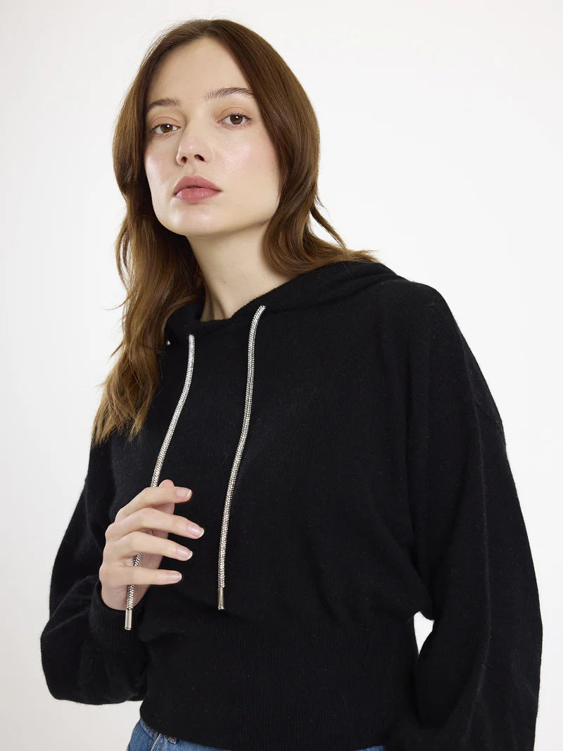 Hilary Rhinestone Drawstring Cashmere Hoodie Black - Brodie Cashmere