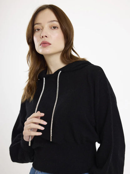 Hilary Rhinestone Drawstring Cashmere Hoodie Black - Brodie Cashmere