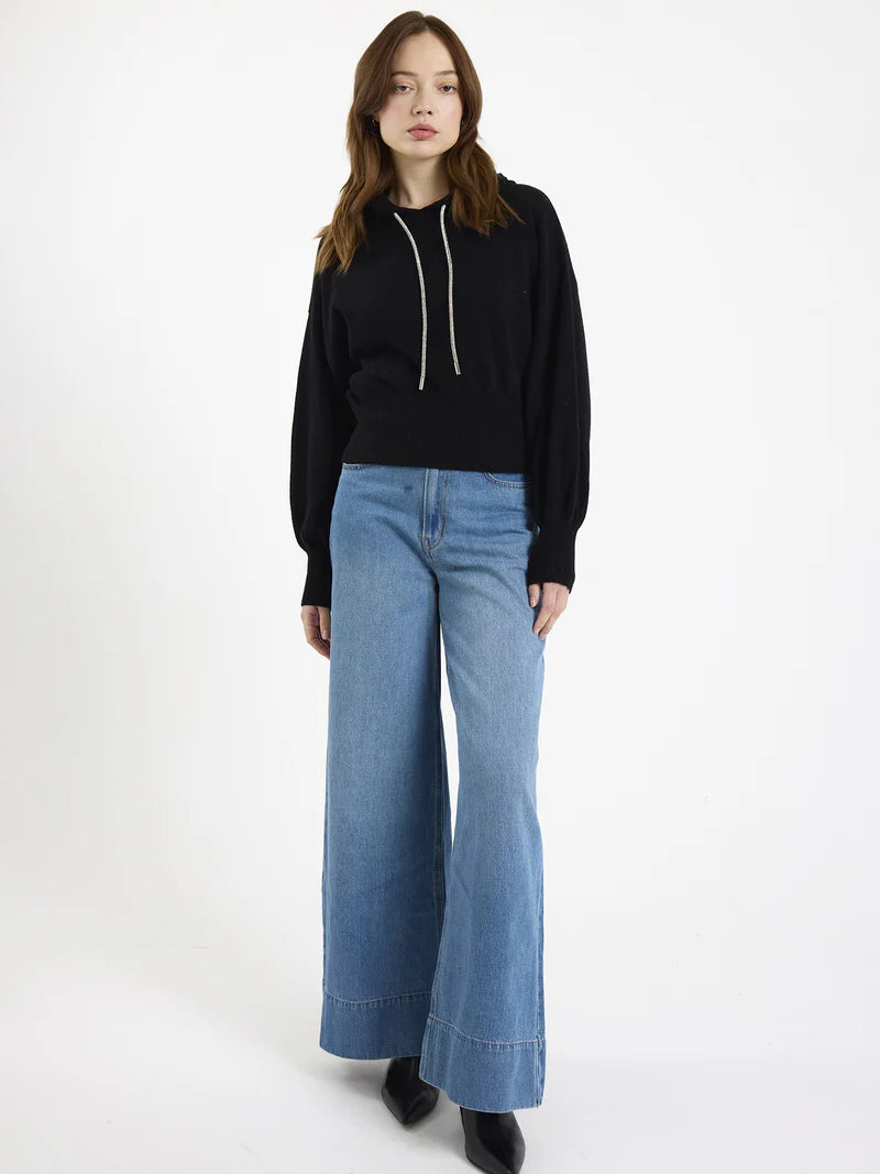Hilary Rhinestone Drawstring Cashmere Hoodie Black - Brodie Cashmere