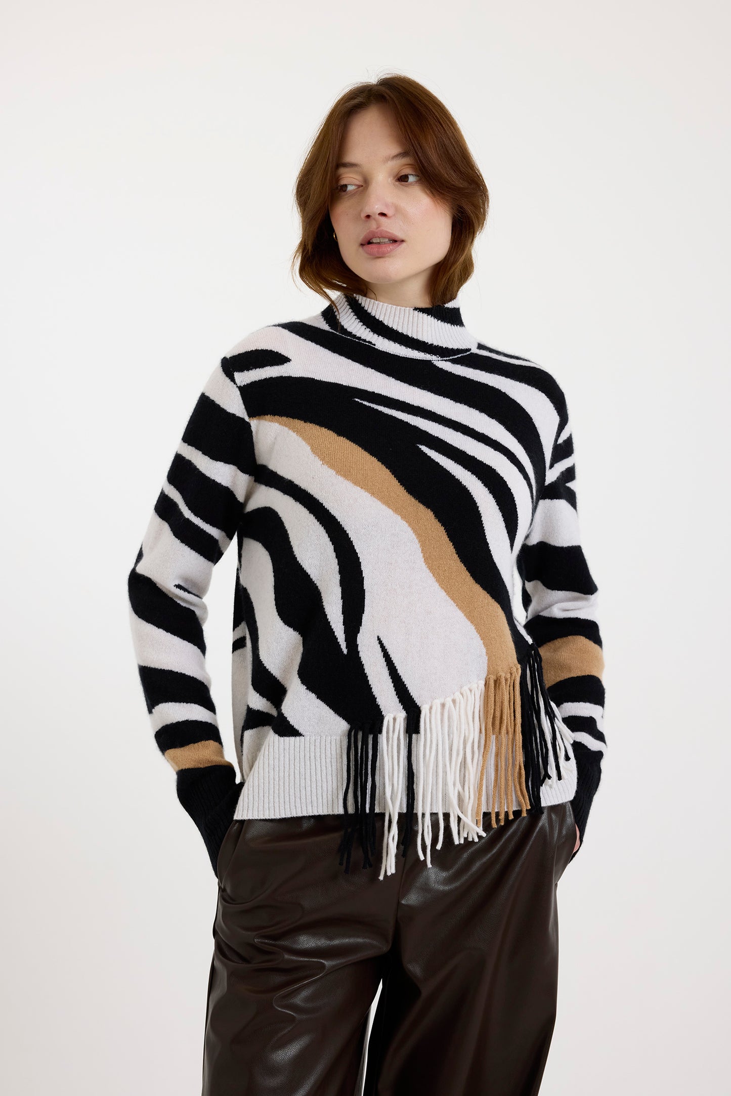 Zebra Fringe Mock Neck Organic White - Brodie Cashmere