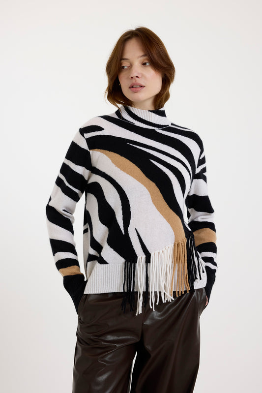 Zebra Fringe Mock Neck Organic White - Brodie Cashmere