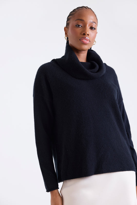 Luxe Cowl Neck Jumper Black - Brodie Cashmere