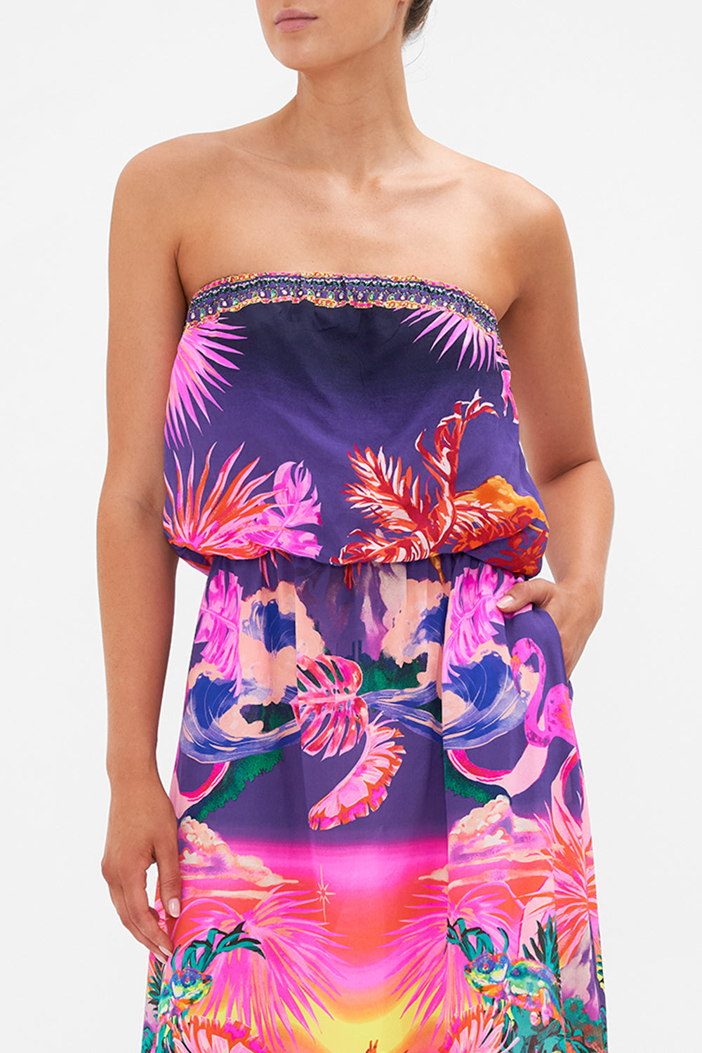 Strapless Blouson Dress Flight Of The Flamingo - Camilla