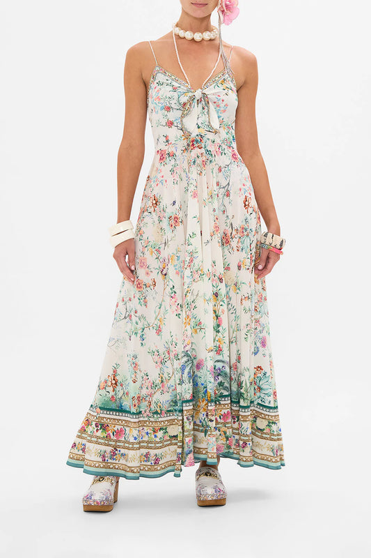 Long Dress With Tie Front Plumes and Parterres - CAMILLA