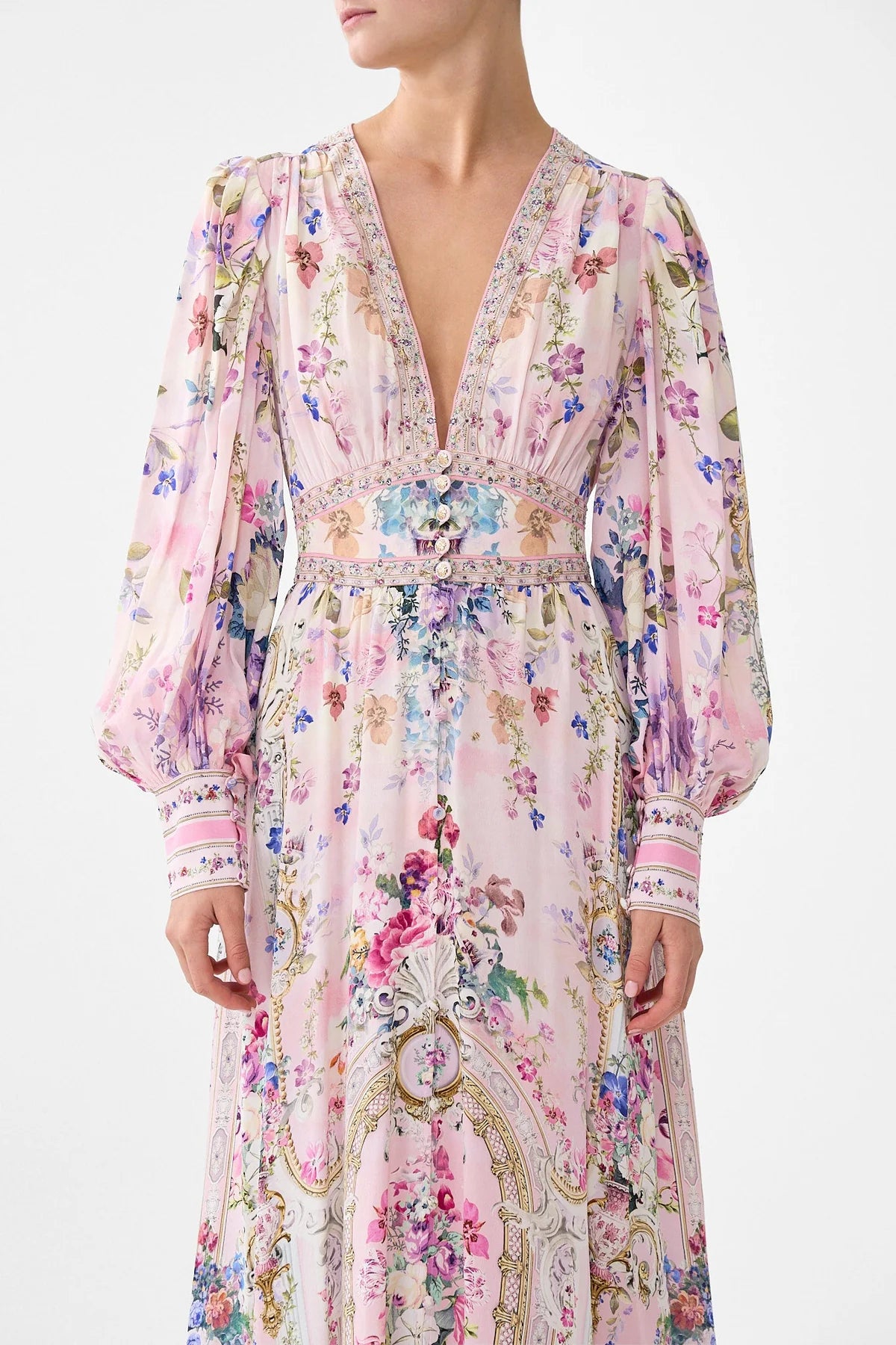 Shaped Waistband Dress With Gathered Sleeves Palatial Pastels - Camilla