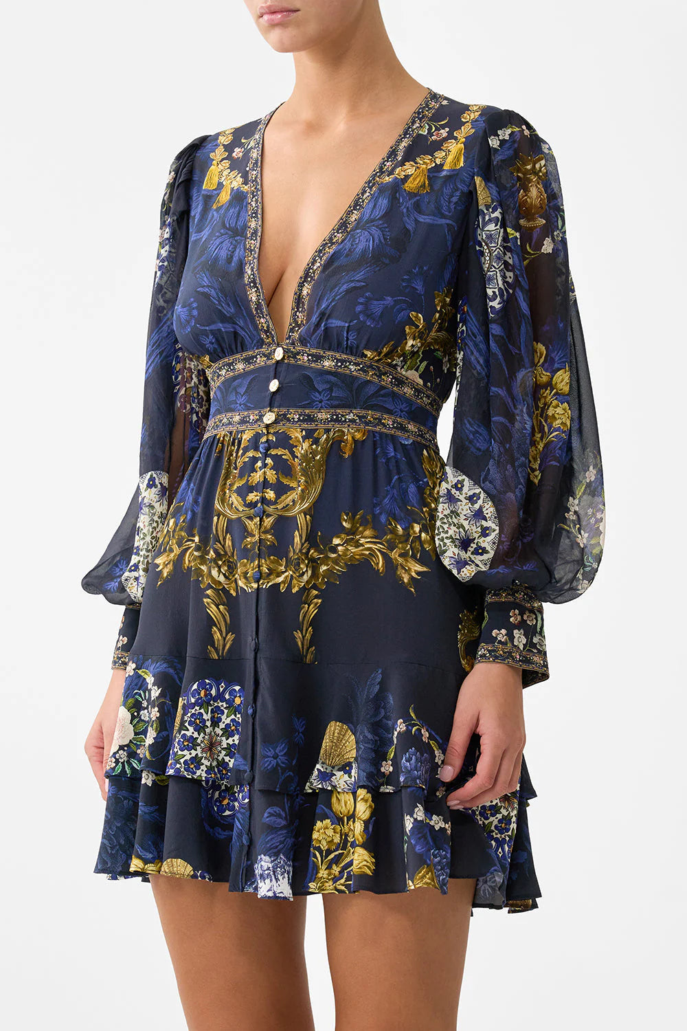 Camilla Women's Beaded Print Long Sleeve Silk Dress - Blue