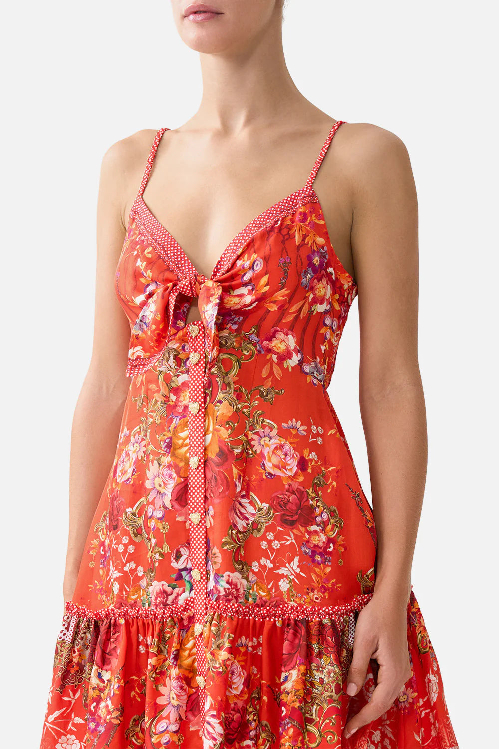 camilla tie front mini dress Camilla Women's Tie Front Short Dress With Hem Ruffle - Red