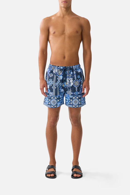 Mid Length Boardshort With Elastic Waist A Tiled Wonderland - Camilla