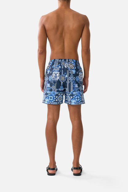 Mid Length Boardshort With Elastic Waist A Tiled Wonderland - Camilla