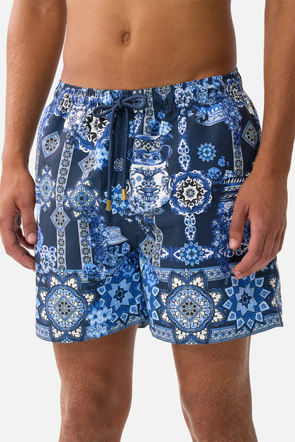 Mid Length Boardshort With Elastic Waist A Tiled Wonderland - Camilla