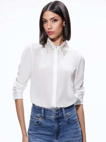 Willa Embellished Collar Top Off White - Alice + Olivia
