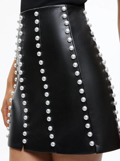 Lecia Embellished Vegan Leather Mini Skirt Black - Alice + Olivia