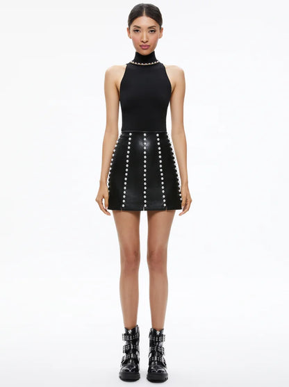 Lecia Embellished Vegan Leather Mini Skirt Black - Alice + Olivia