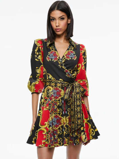 Alisa Wrap Godet Shirt Dress Regal Romance - Alice + Olivia