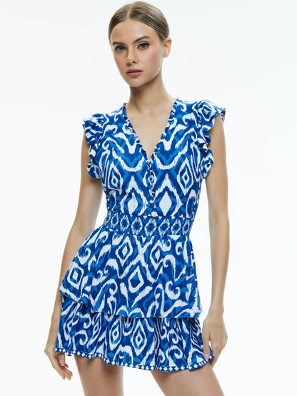 Syrla V Neck Ruffle Romper Artisan Ikat French Blue - Alice + Olivia