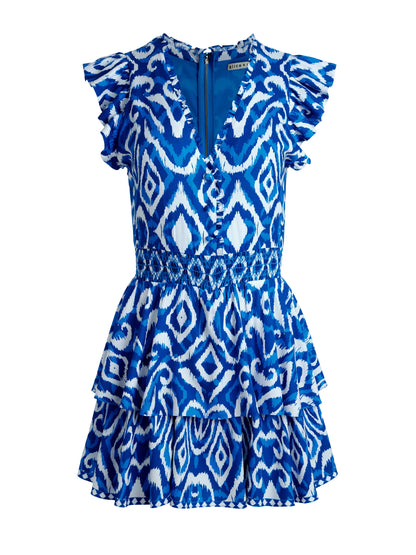 Syrla V Neck Ruffle Romper Artisan Ikat French Blue - Alice + Olivia