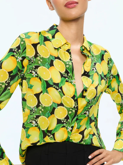 Willa Placket Top Lemon Tree - Alice + Olivia