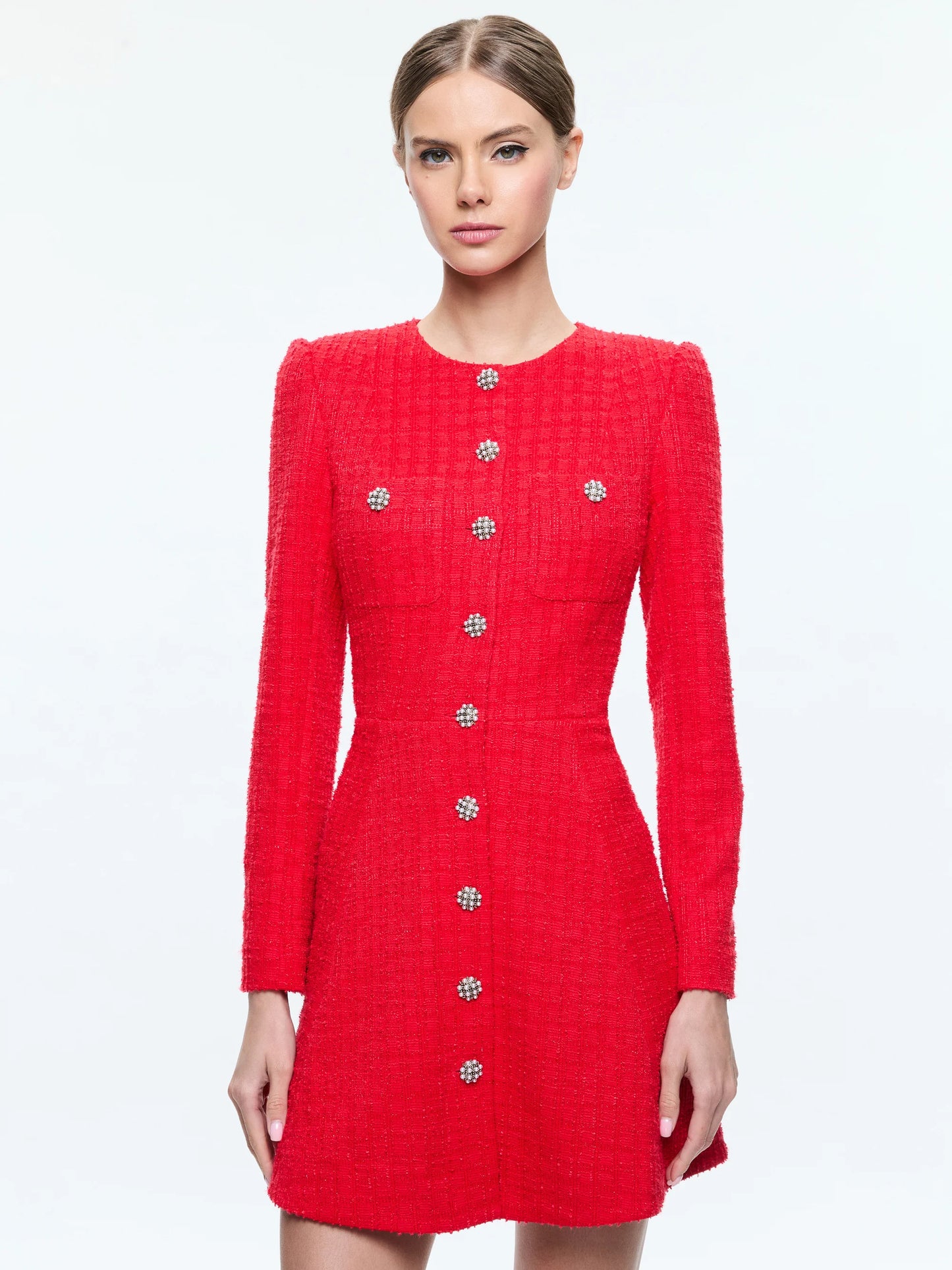 Shiloh Long Sleeve Button Front Mini Dress Bright Ruby - Alice + Olivia