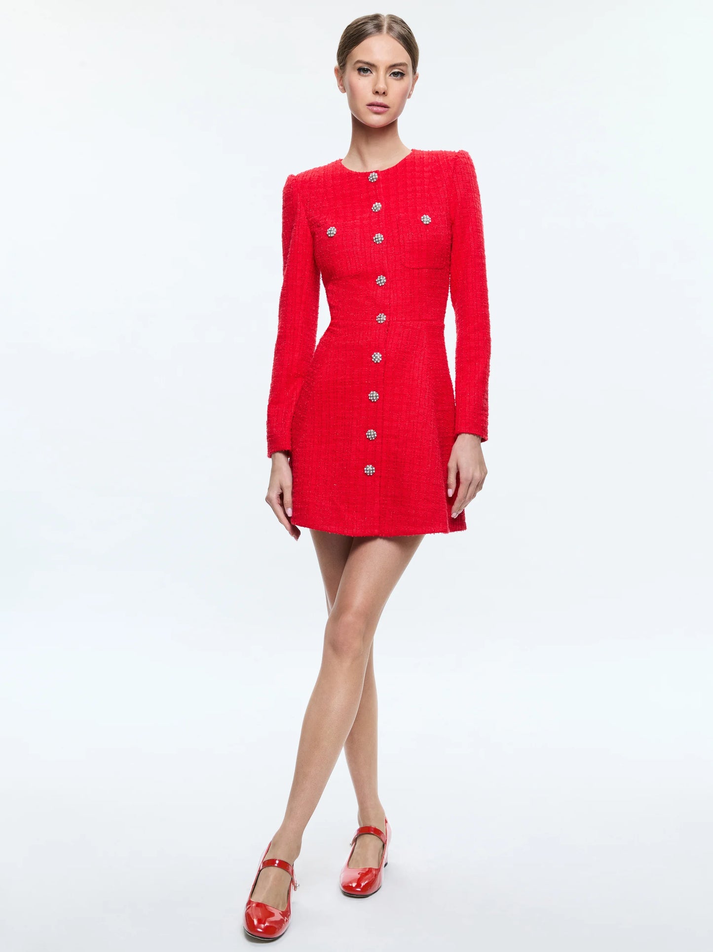 Shiloh Long Sleeve Button Front Mini Dress Bright Ruby - Alice + Olivia