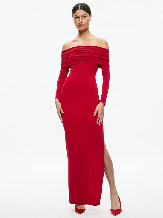 Coretta Off The Shoulder Dress Bright Ruby - Alice + Olivia