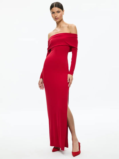 Coretta Off The Shoulder Dress Bright Ruby - Alice + Olivia