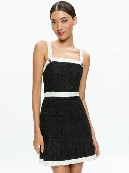 Clarine Square Neck Pleated Mini Dress Black - Alice + Olivia