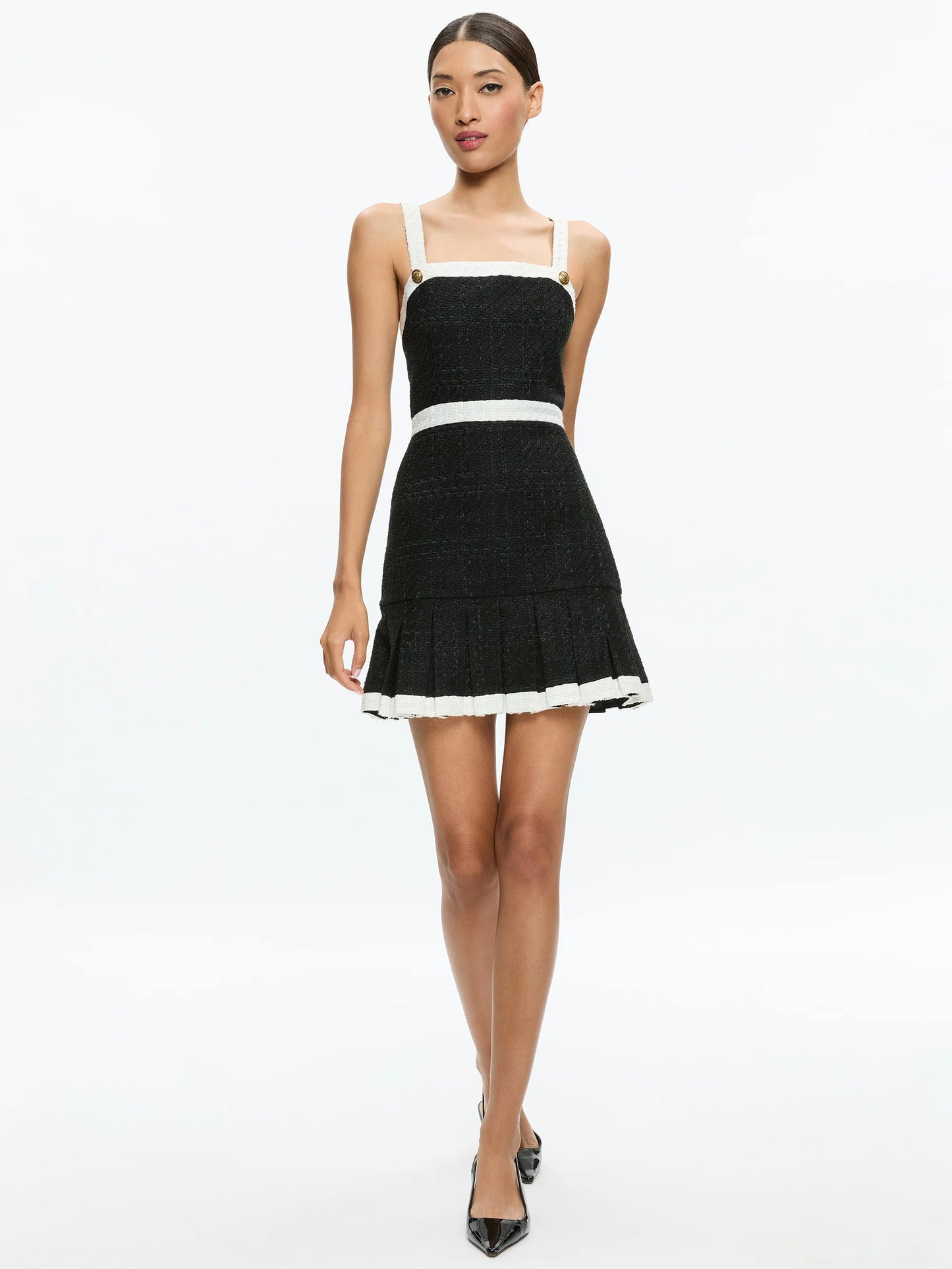 Clarine Square Neck Pleated Mini Dress Black - Alice + Olivia