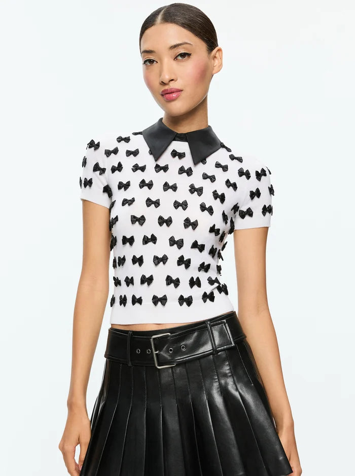 Ciara Short Sleeve Pullover Soft White/Black - Alice + Olivia