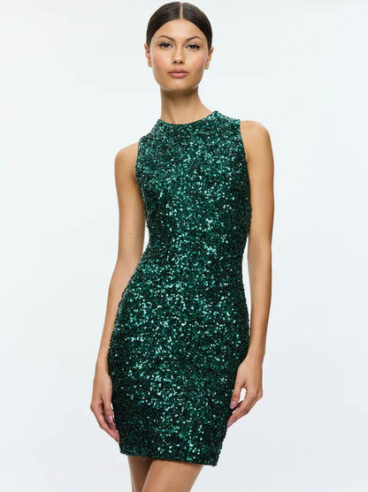 Coley Sequin Mini Dress Forest Green - Alice + Olivia