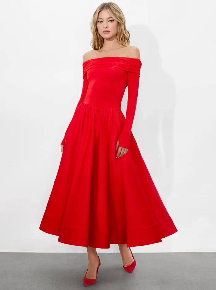 Chara Flared Midi Dress Bright Ruby - Alice + Olivia